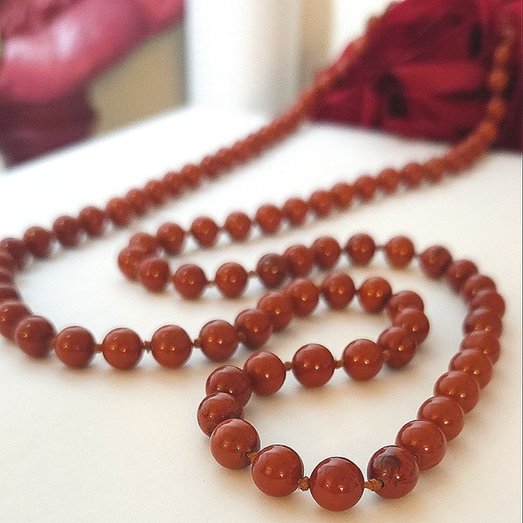 Red Jasper Stone Knotted Necklace Handmade 35" Long Unisex Necklace - Picture 1 of 16